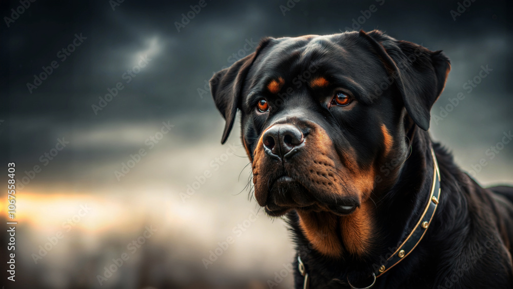 Obraz premium Rottweiler dog portrait against a moody sky, showcasing its confident demeanor.