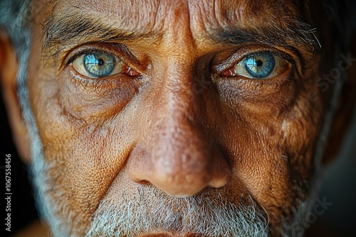 Close-up of elderly man with captivating blue eyes and rugged features