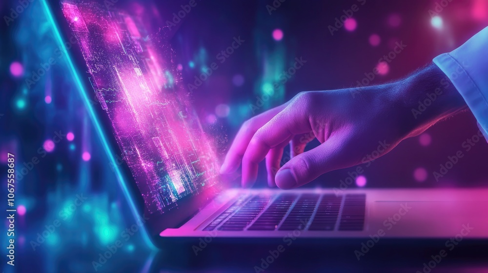 Close-up of doctor typing on laptop, digital health icons floating around, minimalistic background, cyberpunk style, high-tech aesthetic Close-up of doctor typing on laptop, digital health icons floating around, minimalistic background, cyberpunk style, high-tech aesthetic