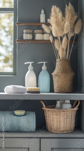 Minimalistic bathroom organization with domestic supplies and natural elements for home decor
