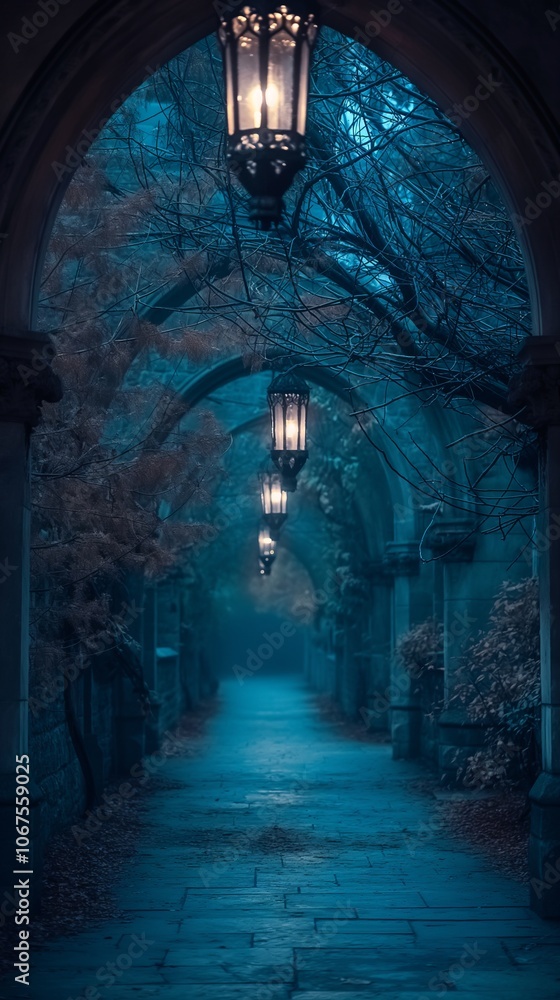 Mysterious halloween walkway with lanterns and arches in minimalistic blue atmosphere Mysterious halloween walkway with lanterns and arches in minimalistic blue atmosphere
