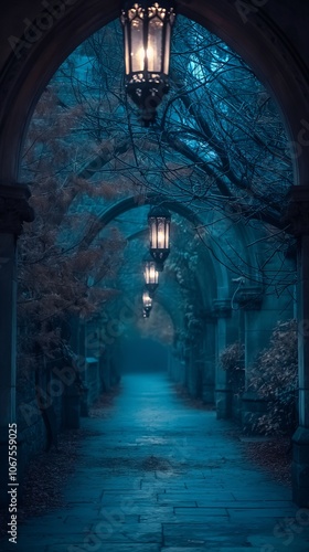 Wallpaper Mural Mysterious halloween walkway with lanterns and arches in minimalistic blue atmosphere Torontodigital.ca