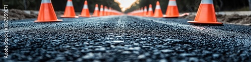 Low angle view of traffic cones on freshly paved road.