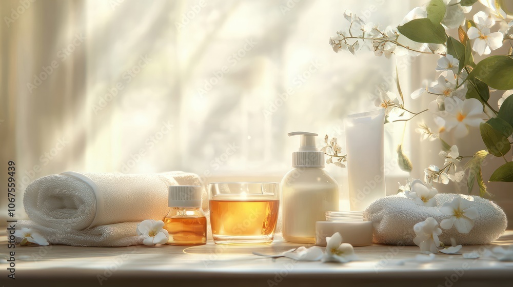 Spa still life with creams, essential oils, towels on light background. Healthy lifestyle, body care, Spa treatment Spa still life with creams, essential oils, towels on light background. Healthy lifestyle, body care, Spa treatment