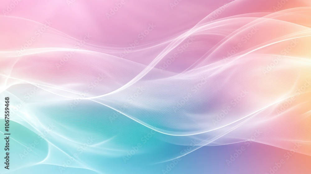 Fototapeta premium Abstract background with flowing white smoke on a gradient of pink, blue, and yellow.