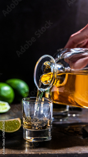 Tequila being poured into a shot glass 