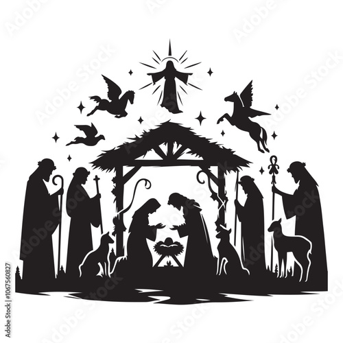 Nativity Scene silhouette vector art black color design and solid white background 