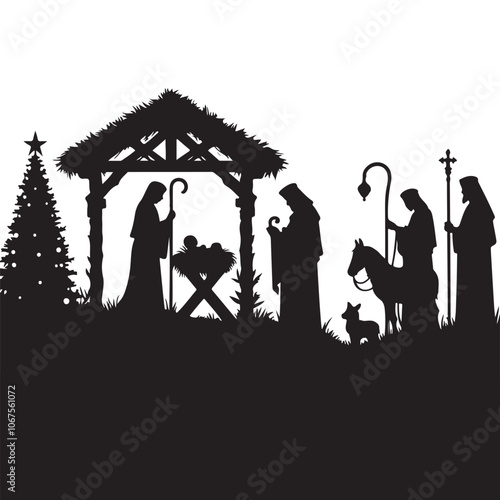 Nativity Scene silhouette vector art black color design and solid white background 