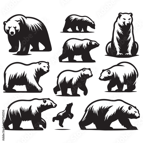 Polar Bear silhouette vector art black color design set  and solid white background 