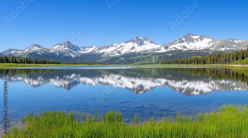 A panoramic view of a serene lake with snow-capped mountains reflecting in the clear water.