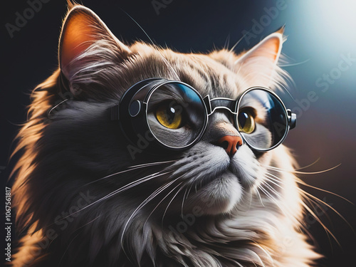 Cute fluffy cat wearing glasses