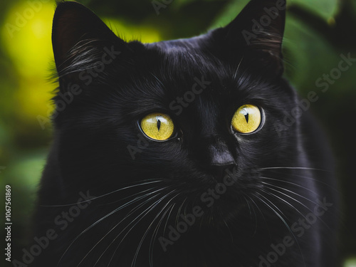 Beautiful black cute cat. Animal art.