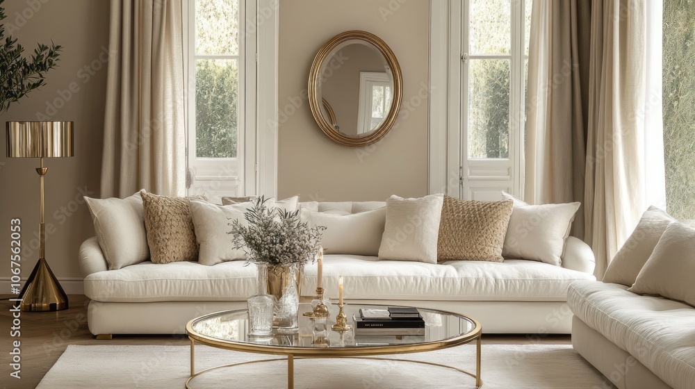 White Sectional Sofa in a Luxurious Living Room with Gold Accents White Sectional Sofa in a Luxurious Living Room with Gold Accents