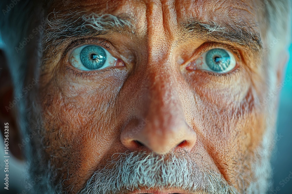 Intense blue eyes of an elderly man with detailed facial features Intense blue eyes of an elderly man with detailed facial features