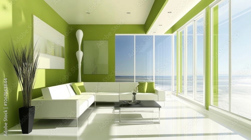 Fototapeta premium Modern Living Room with Green Walls and Large Windows
