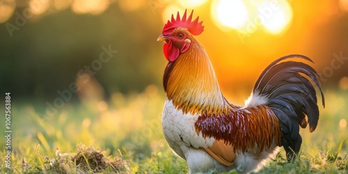 Rooster Standing in Grass at Sunset