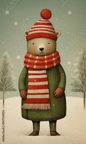 A little cartoon bear wearing striped scarf snowy landscape photo