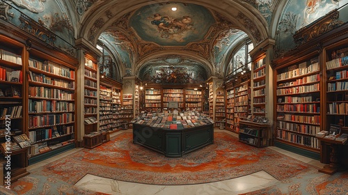 A grand, ornate library with towering bookshelves filled with books, a central display table, and a beautiful, painted ceiling.