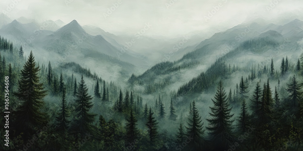 Fototapeta premium Misty forest mountains with tall green trees landscape nature fog.