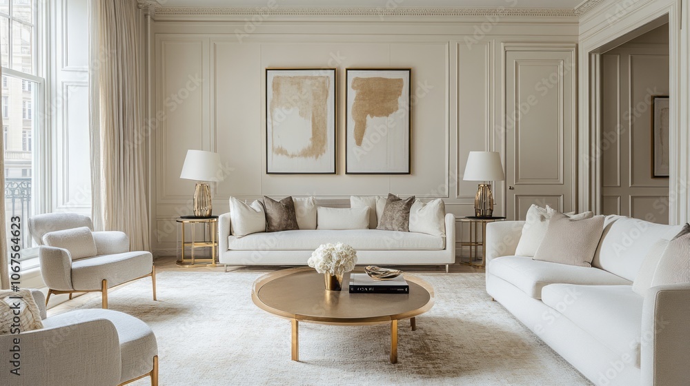 A Modern Living Room with White Furnishings and Gold Accents A Modern Living Room with White Furnishings and Gold Accents