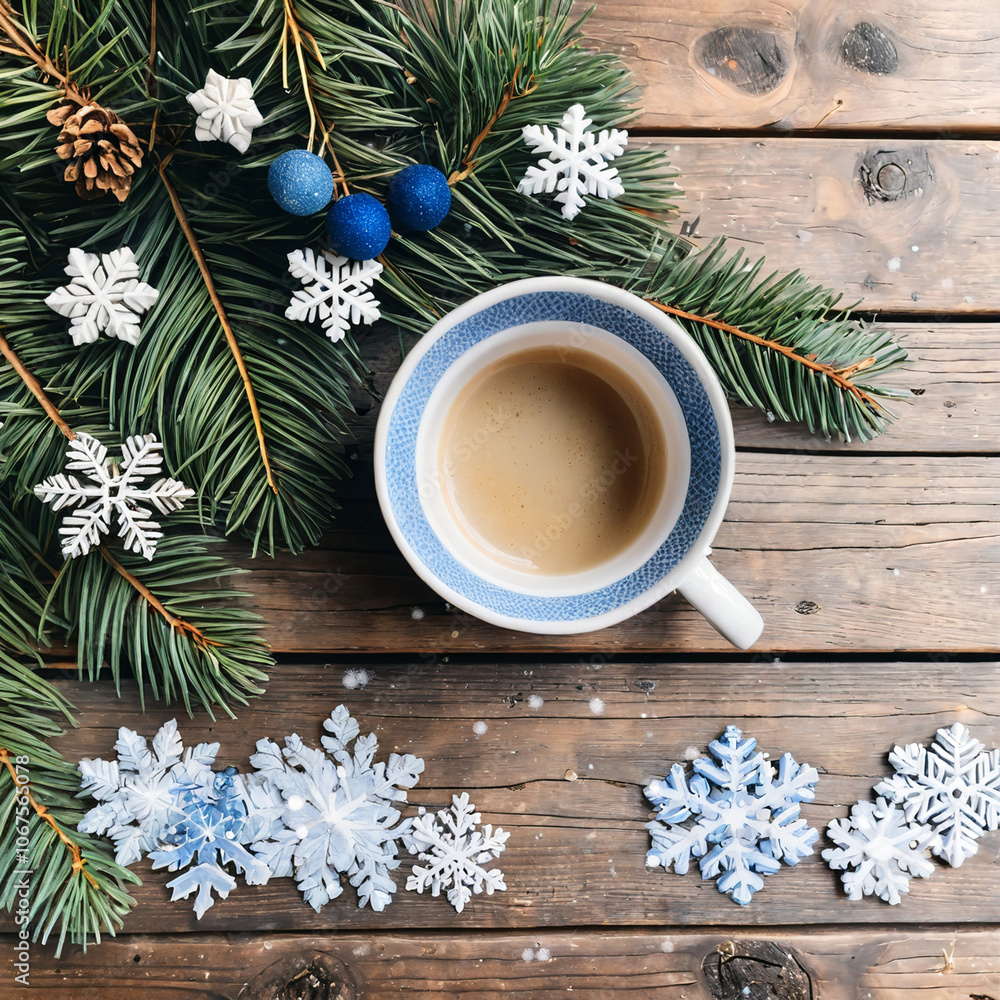 Enjoy the warmth of winter with this cozy flat lay featuring a cup of coffee nestled among pine branches and snowflakes on a rustic wooden table. Perfect for holiday cards, social media posts Enjoy the warmth of winter with this cozy flat lay featuring a cup of coffee nestled among pine branches and snowflakes on a rustic wooden table. Perfect for holiday cards, social media posts