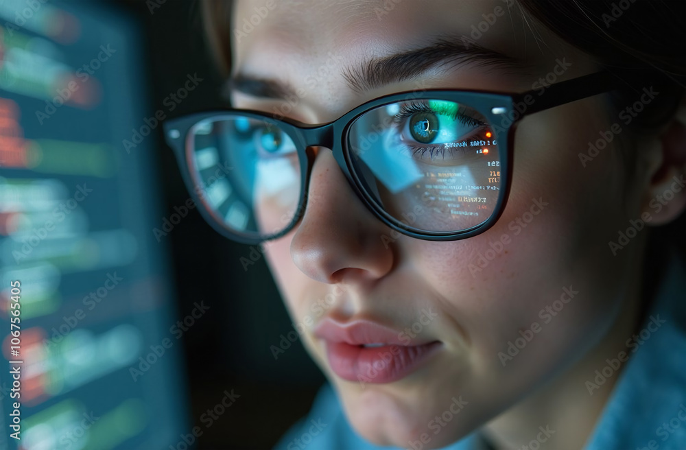 Close-up portrait of a young woman in glasses looking at the monitor of a computer. Close-up portrait of a young woman in glasses looking at the monitor of a computer.