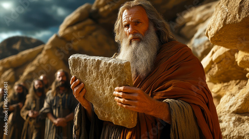 Moses Holding Stone Tablets in Desert Setting Symbolizing Biblical Commandments and Faith photo