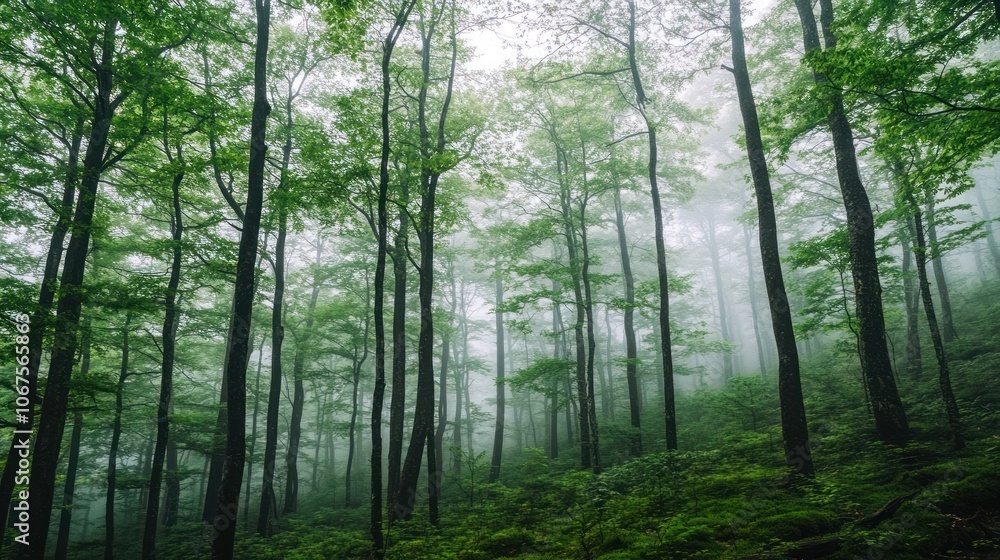 Fototapeta premium A misty forest with tall trees and lush greenery.