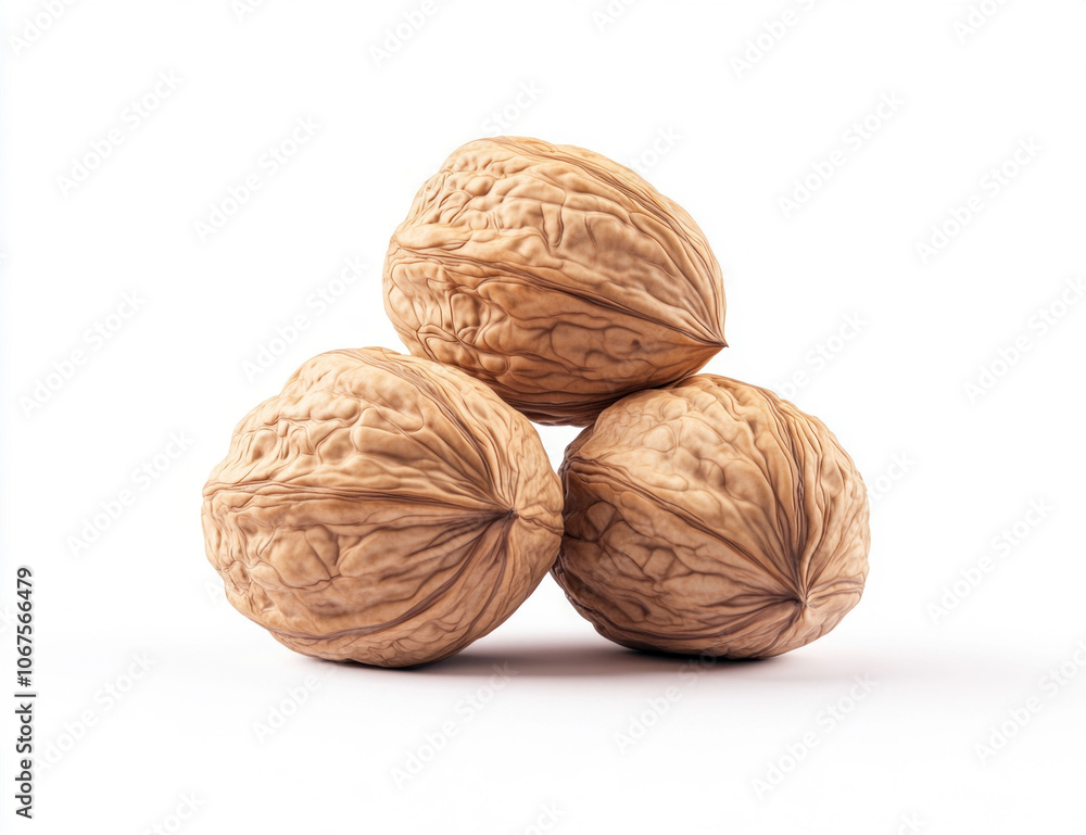 Three Whole Walnuts Stacked on White Background Three Whole Walnuts Stacked on White Background