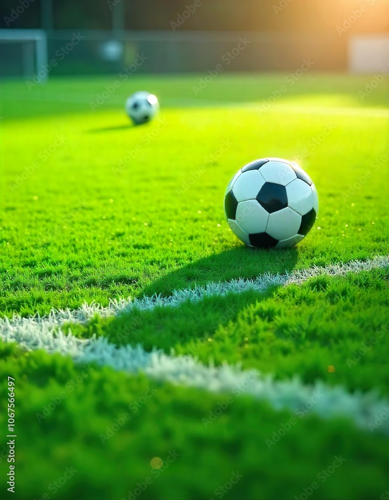 Two footballs are positioned near the center of a soccer field at a training stadium with a vivid green grass surface with fresh white markings. Two footballs are positioned near the center of a soccer field at a training stadium with a vivid green grass surface with fresh white markings.