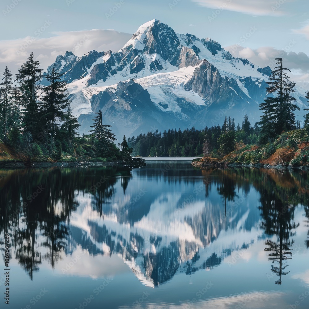 Reflection of Mount Shuksan in Picture Lake, Mt. Baker-Snoqualmie National Forest, Washington, United States of America Reflection of Mount Shuksan in Picture Lake, Mt. Baker-Snoqualmie National Forest, Washington, United States of America