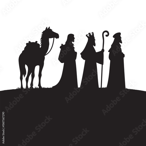 Three Wise Men silhouette vector art black color design and solid white background 