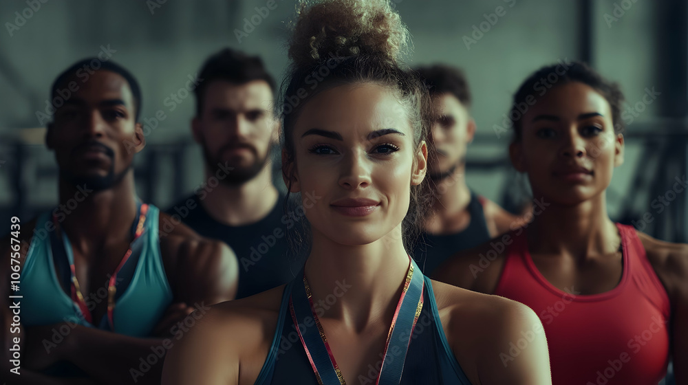 Group of Athletes with Medals in a Gym Group of Athletes with Medals in a Gym