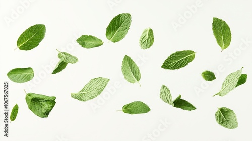 collection of delicious fresh mint leaves flying isolated on white background