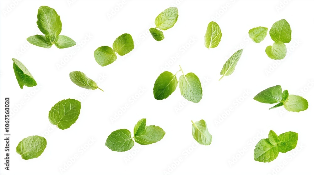 collection of delicious fresh mint leaves flying isolated on white background collection of delicious fresh mint leaves flying isolated on white background