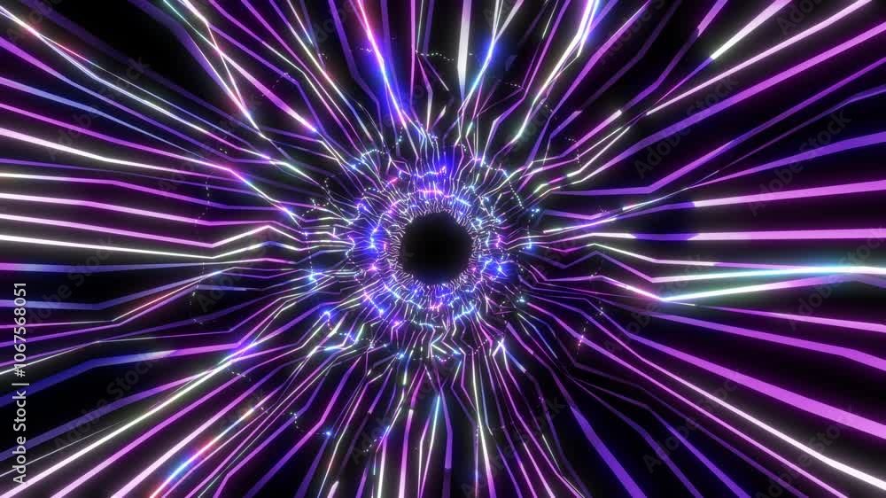 Animation of a round tunnel with glow and electrical discharge effects. Colorful neon tunnel in purple shades Animation of a round tunnel with glow and electrical discharge effects. Colorful neon tunnel in purple shades