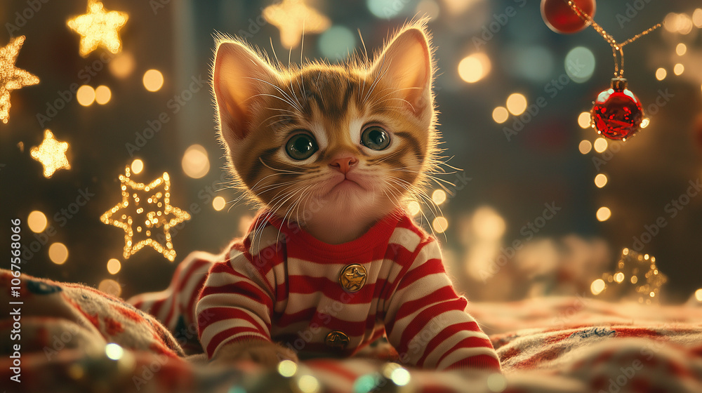 Charming Baby Feline in Christmas Pajamas Surrounded by Stars Charming Baby Feline in Christmas Pajamas Surrounded by Stars