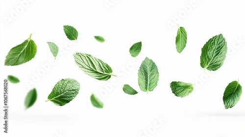 collection of delicious fresh mint leaves flying isolated on white background