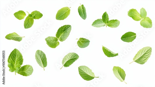collection of delicious fresh mint leaves flying isolated on white background