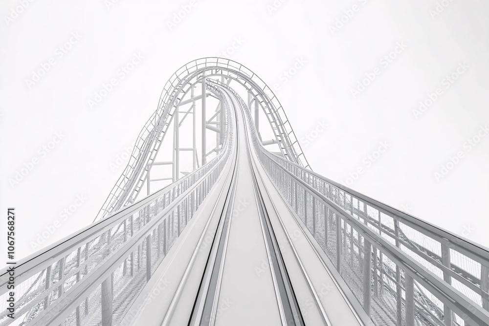 Fototapeta premium Monochrome roller coaster with upward slope of steel track leading into white sky modern architectural structure futuristic 