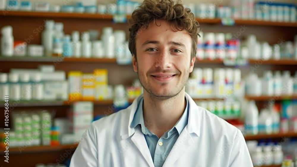 This pharmacist in a white lab coat smiles warmly in a bustling pharmacy filled with medicine. This pharmacist in a white lab coat smiles warmly in a bustling pharmacy filled with medicine.