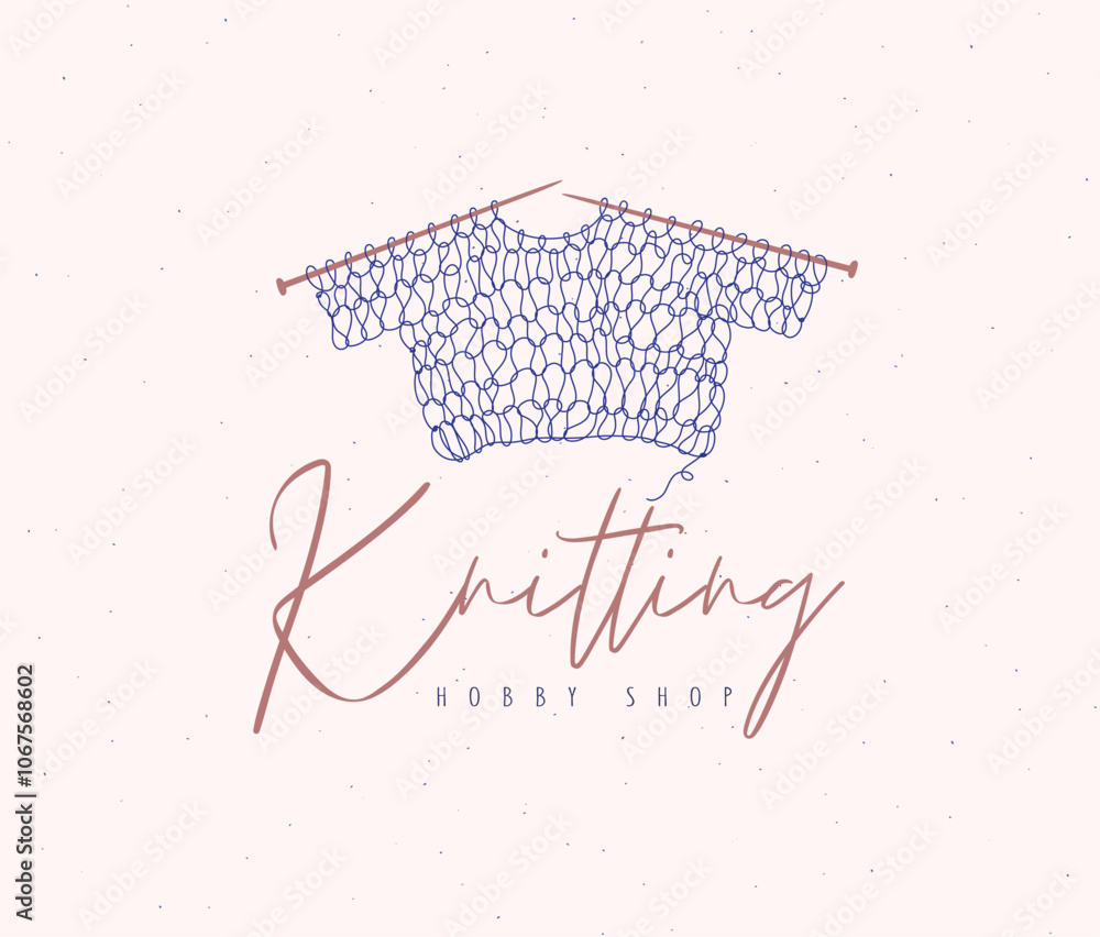 Knitted sweater label with inscription hobby shop drawing on beige background