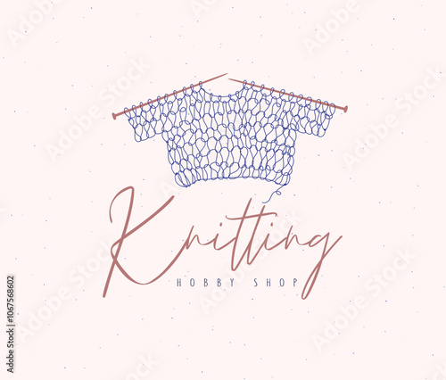 Obraz na płótnie Knitted sweater label with inscription hobby shop drawing on beige background w salonie