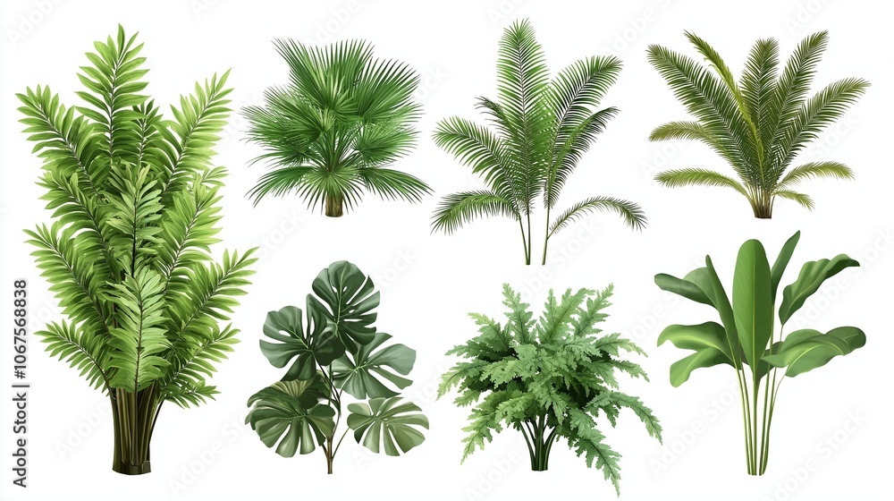 collection of lush green tropical plants isolated on white background collection of lush green tropical plants isolated on white background