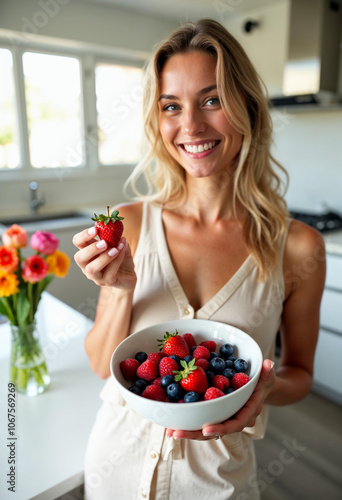 Brightly Smiling Woman Holding Fresh Bowl Of Mixed Summer Berries
