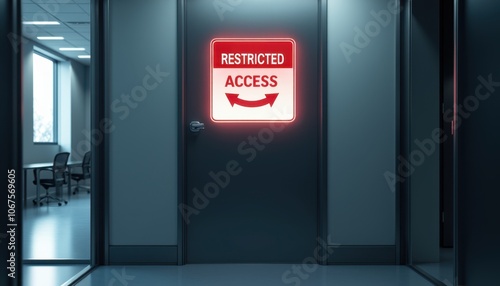 Wallpaper Mural Restricted access door in dimly lit office corridor with neon warning sign Torontodigital.ca