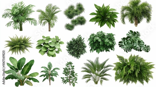 collection of lush green tropical plants isolated on white background