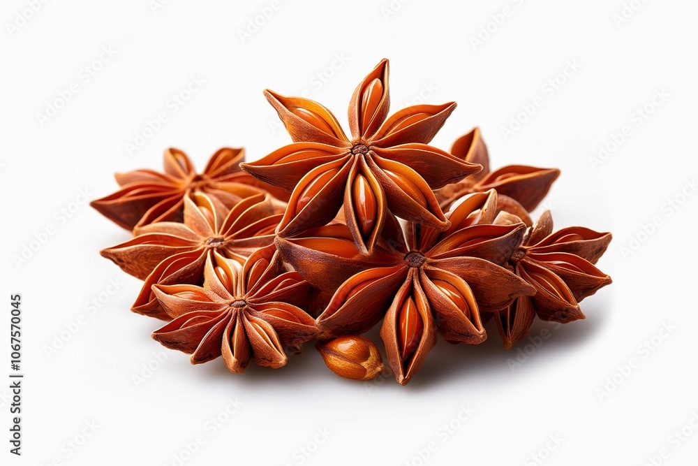 Illicium verum known as star anise or badian, Chinese star anise, star anise seed, star aniseed and star of anise isolated on white background. is a highly fragrant oil used in cooking, perfumery, etc Illicium verum known as star anise or badian, Chinese star anise, star anise seed, star aniseed and star of anise isolated on white background. is a highly fragrant oil used in cooking, perfumery, etc