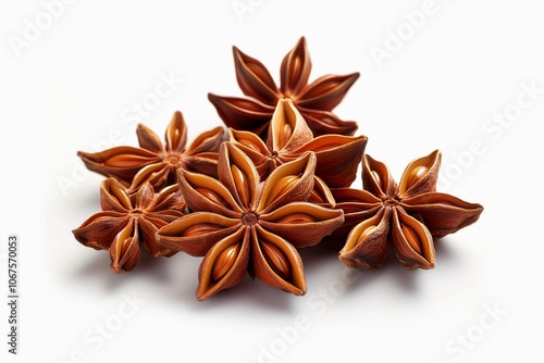 Illicium verum known as star anise or badian, Chinese star anise, star anise seed, star aniseed and star of anise isolated on white background. is a highly fragrant oil used in cooking, perfumery, etc photo