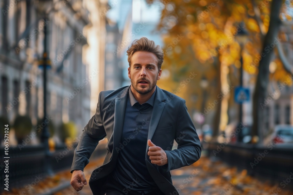A man in formal attire is running briskly down a charming city street lined with fall foliage A man in formal attire is running briskly down a charming city street lined with fall foliage